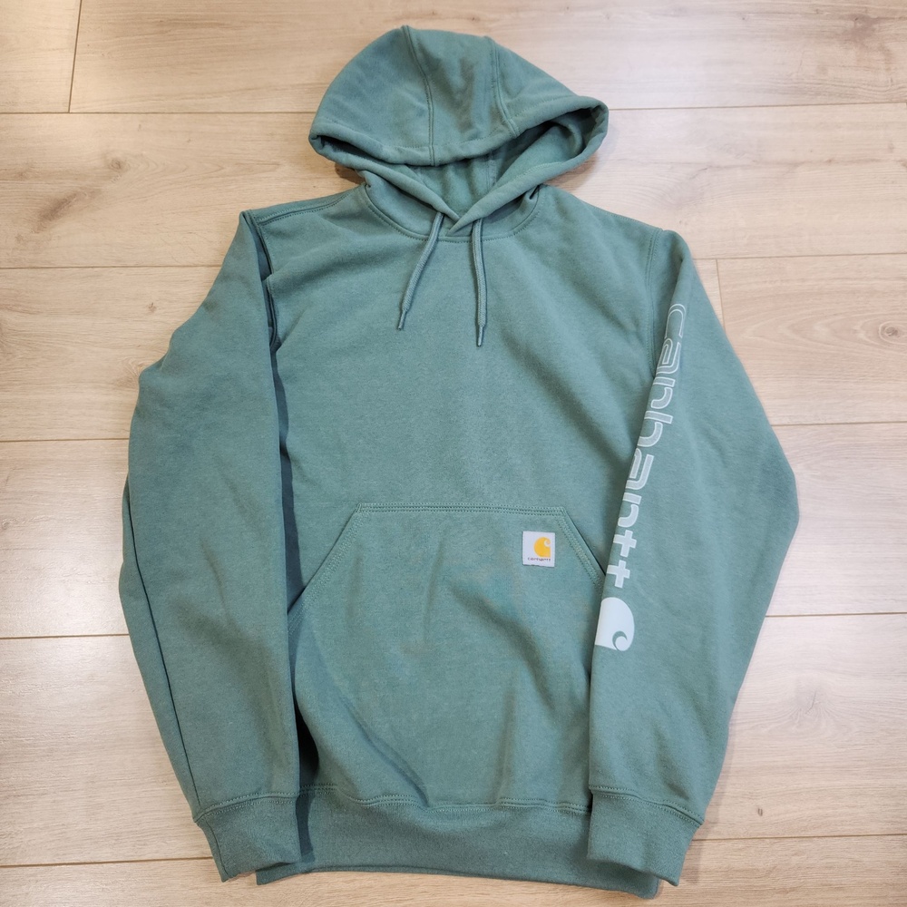 Carhartt Hoodie Mens XS Green Loose Fit Logo Sleeve Fleece Pullover Sweatshirt